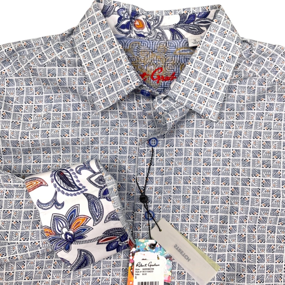 Robert Graham Barrington Shirt Mens Small Blue Geometric Tile Floral Contrast
